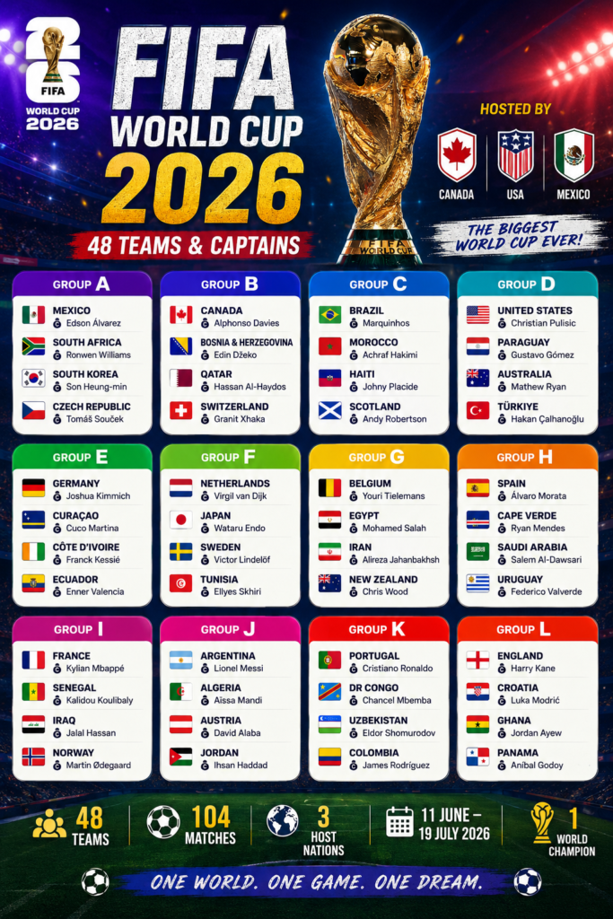 Full FIFA World Cup 2026 Captains And Teams By Groups